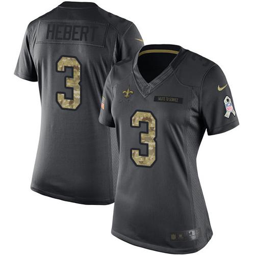 Nike Saints #3 Bobby Hebert Black Women's Stitched NFL Limited 2016 Salute to Service Jersey - Click Image to Close